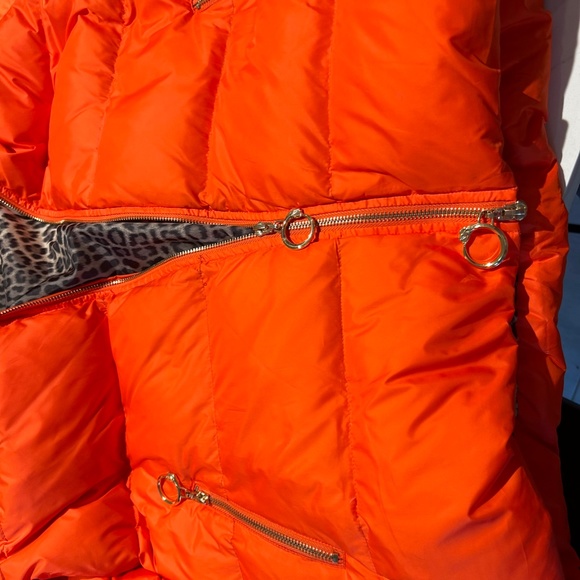 CAVALLI CLASS Woman's Orange Puff Bomber Jacket with hood, Animal Print lining - Picture 4 of 8